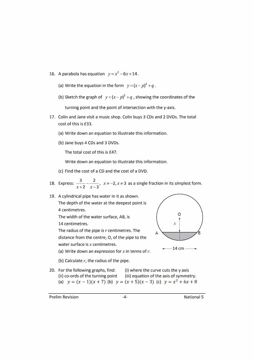 MATHEMATICS
N5
Prelim
Revision
(with answers) FORMULAE LIST
The roots of:
Sine Rule:
Cosine Rule:
Area of a triangle:
Volume of a sphere:
Vo