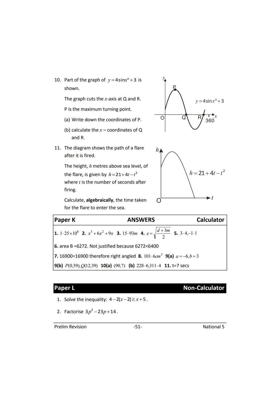 MATHEMATICS
N5
Prelim
Revision
(with answers) FORMULAE LIST
The roots of:
Sine Rule:
Cosine Rule:
Area of a triangle:
Volume of a sphere:
Vo