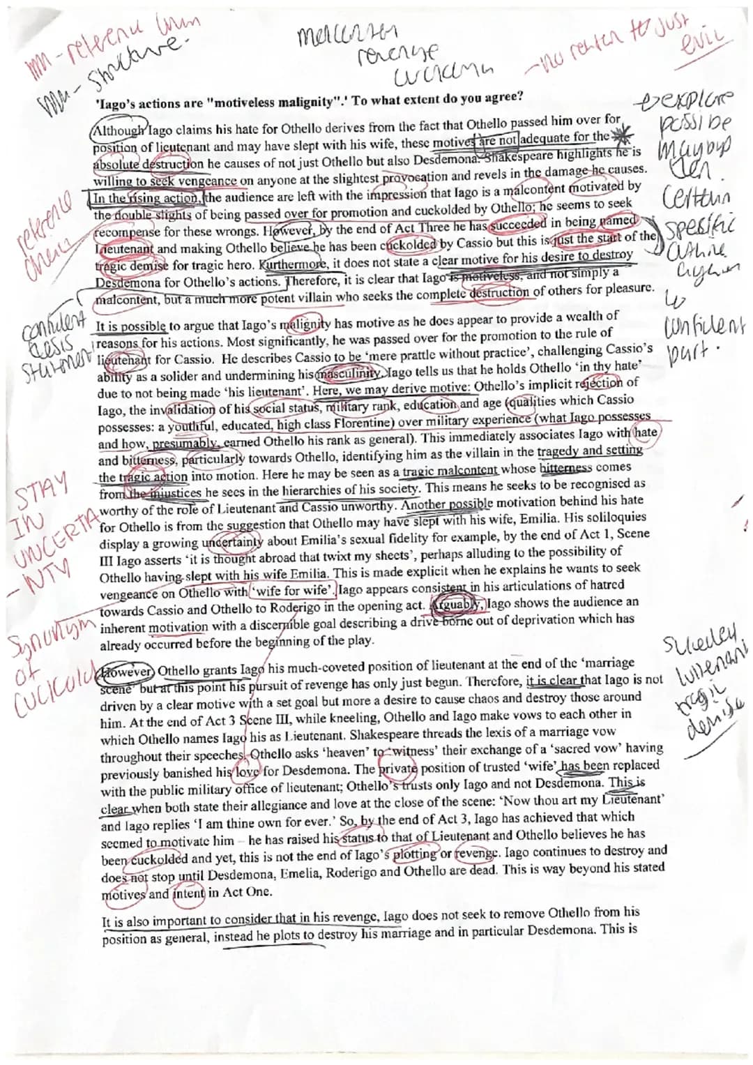
<p>Iago's actions are often described as "motiveless malignity", but to what extent is this true?</p>
<h3 id="iagosallegedmotives">Iago's A