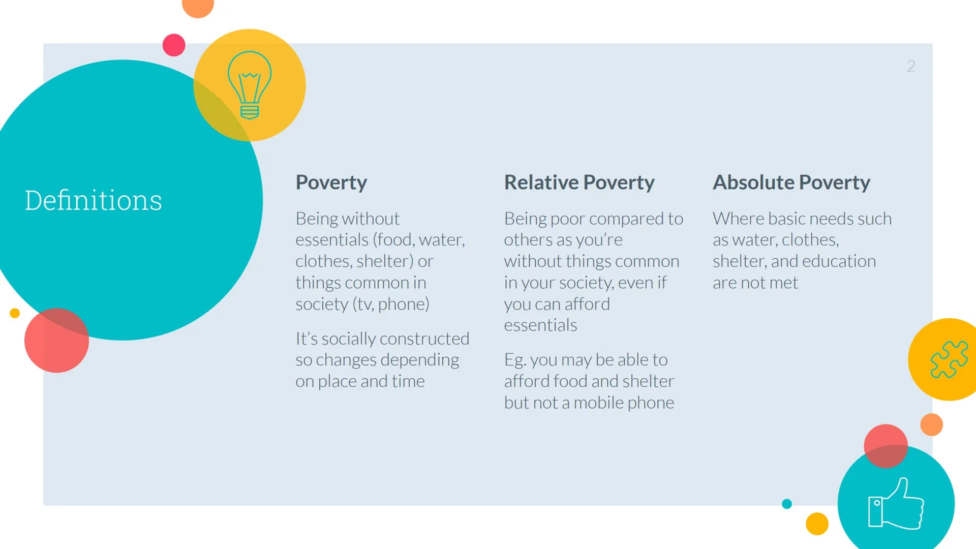++
Life Chances in
Poverty
B Definitions
Poverty
Being without
essentials (food, water,
clothes, shelter) or
things common in
society (tv, p