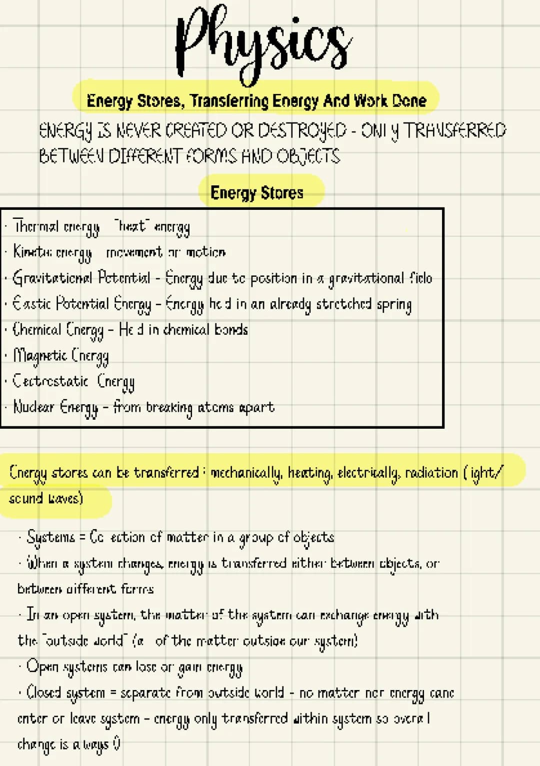 Energy Stores, Transferring Energy And Work Done 