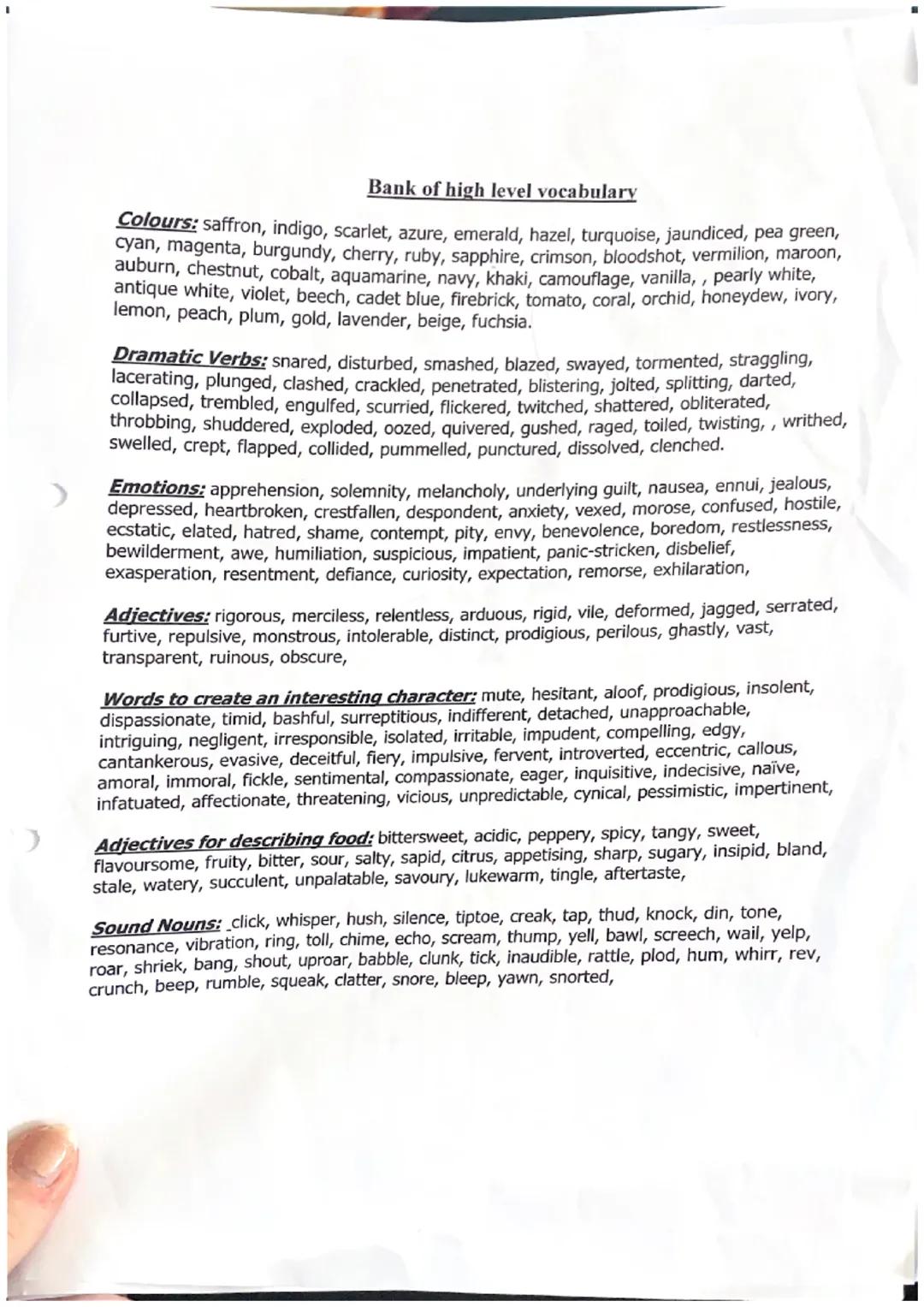 Bank of high level vocabulary

Colours: saffron, indigo, scarlet, azure, emerald, hazel, turquoise, jaundiced, pea green,
cyan, magenta, bur