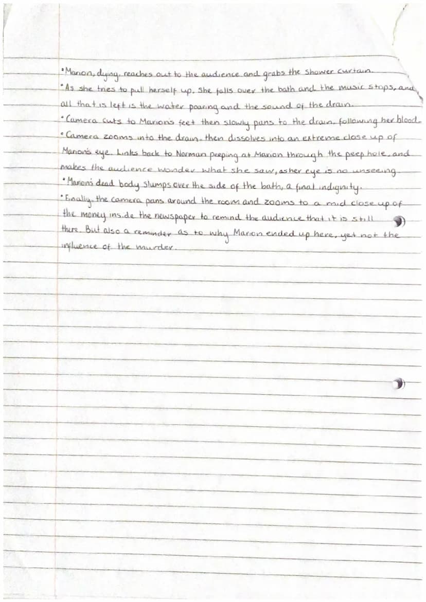 Scene Five
ve - Psycho
Shower scene.
•The scene begins with Marion seated at the desk facing right like Norman in the kitchen in
the previou