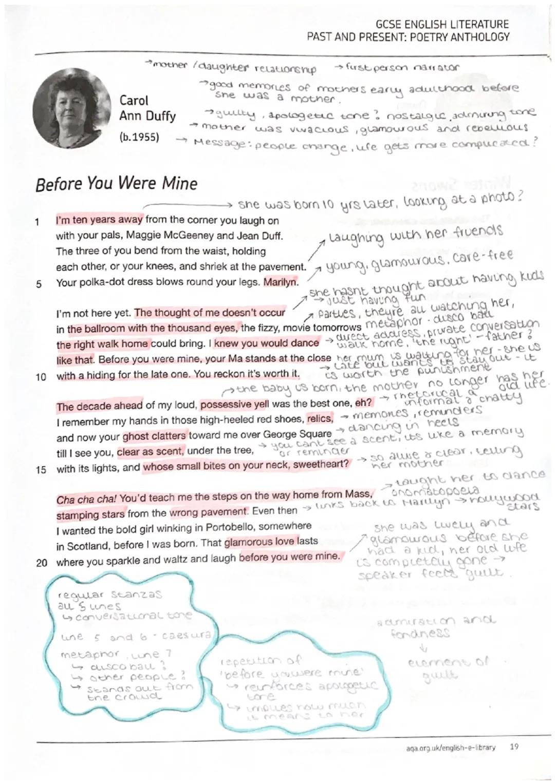 GCSE ENGLISH LITERATURE
PAST AND PRESENT: POETRY ANTHOLOGY

Carol
Ann Duffy
(b.1955)
→mother/daughter relationship →first person narrator

g