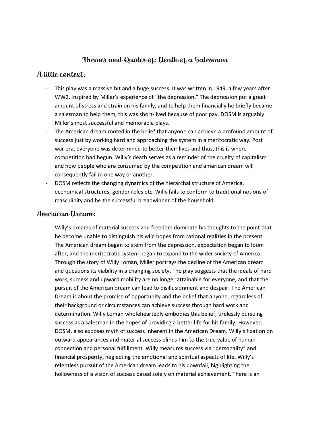 Death Of A Salesman - themes, quotes etc