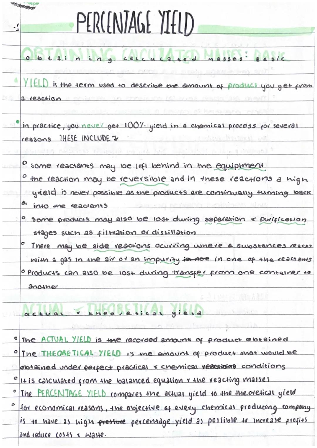 # PERCENTAGE YIELD

Obtaining calculated masses: Basic

* YIELD is the term used to describe the amount of product you get from
a reaction

