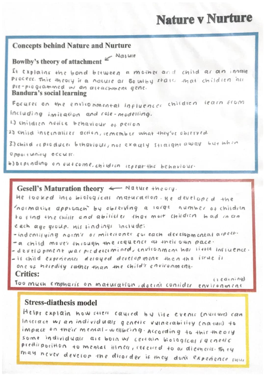 Concepts behind Nature and Nurture
Nature
Nature v Nurture
Bowlby's theory of attachment
It explains the bond between a mother and child ar 