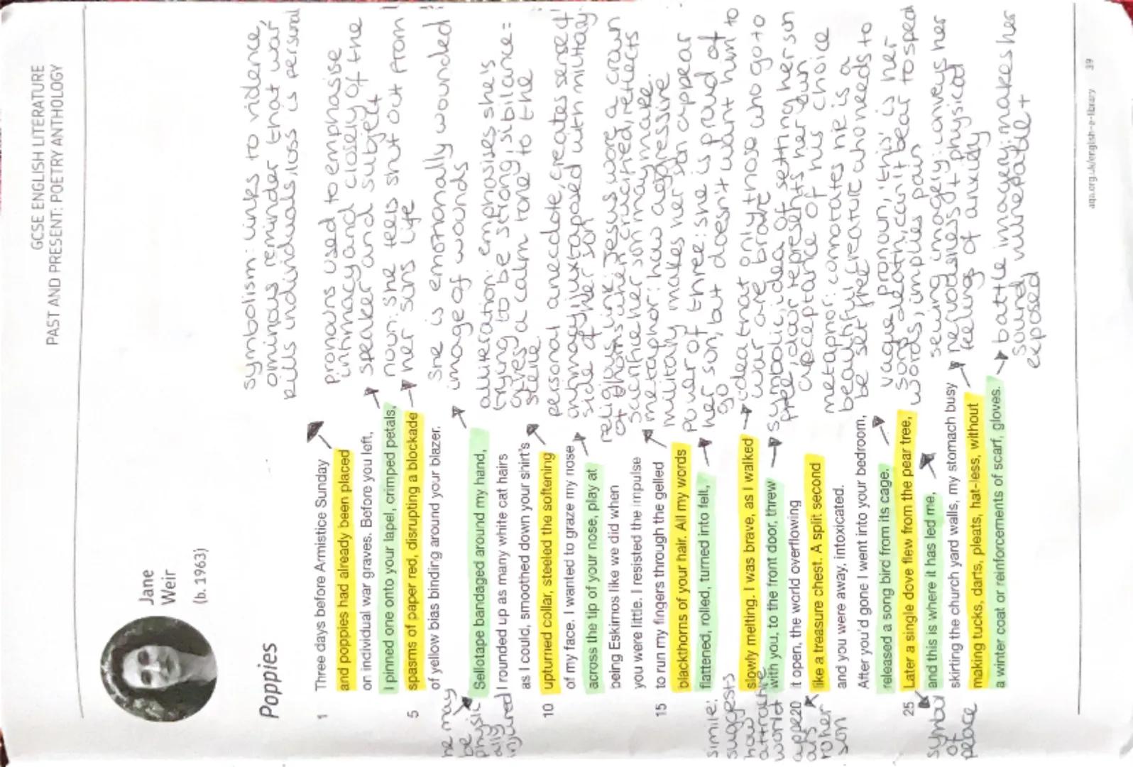 GCSE ENGLISH LITERATURE
PAST AND PRESENT: POETRY ANTHOLOGY
Poppies
1
Jane
Weir
(b. 1963)
Three days before Armistice Sunday
and poppies had 