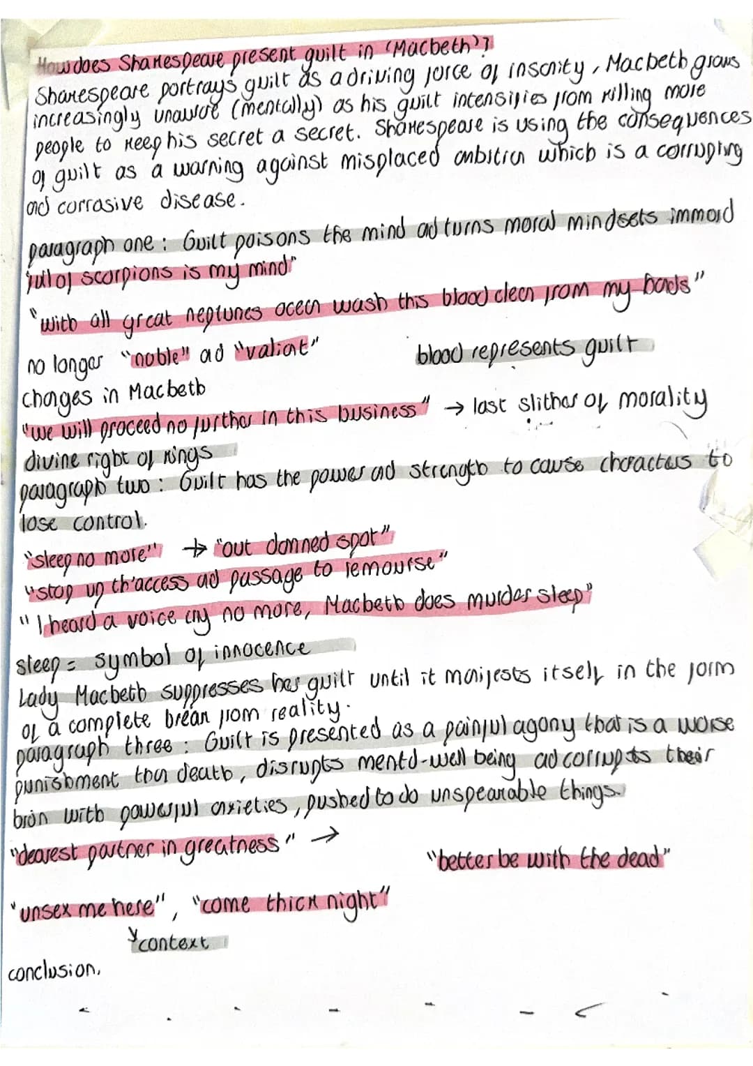 ‘How does Shakespeare present guilt in Macbeth?’ Essay plan