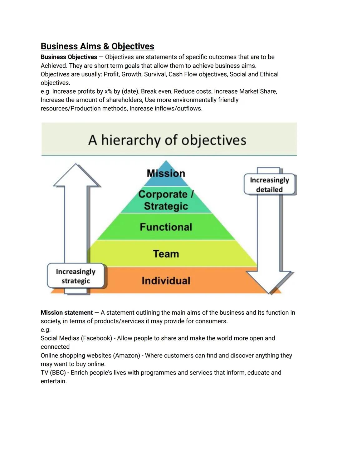 Business Aims & Objectives
Business Objectives - Objectives are statements of specific outcomes that are to be
Achieved. They are short term