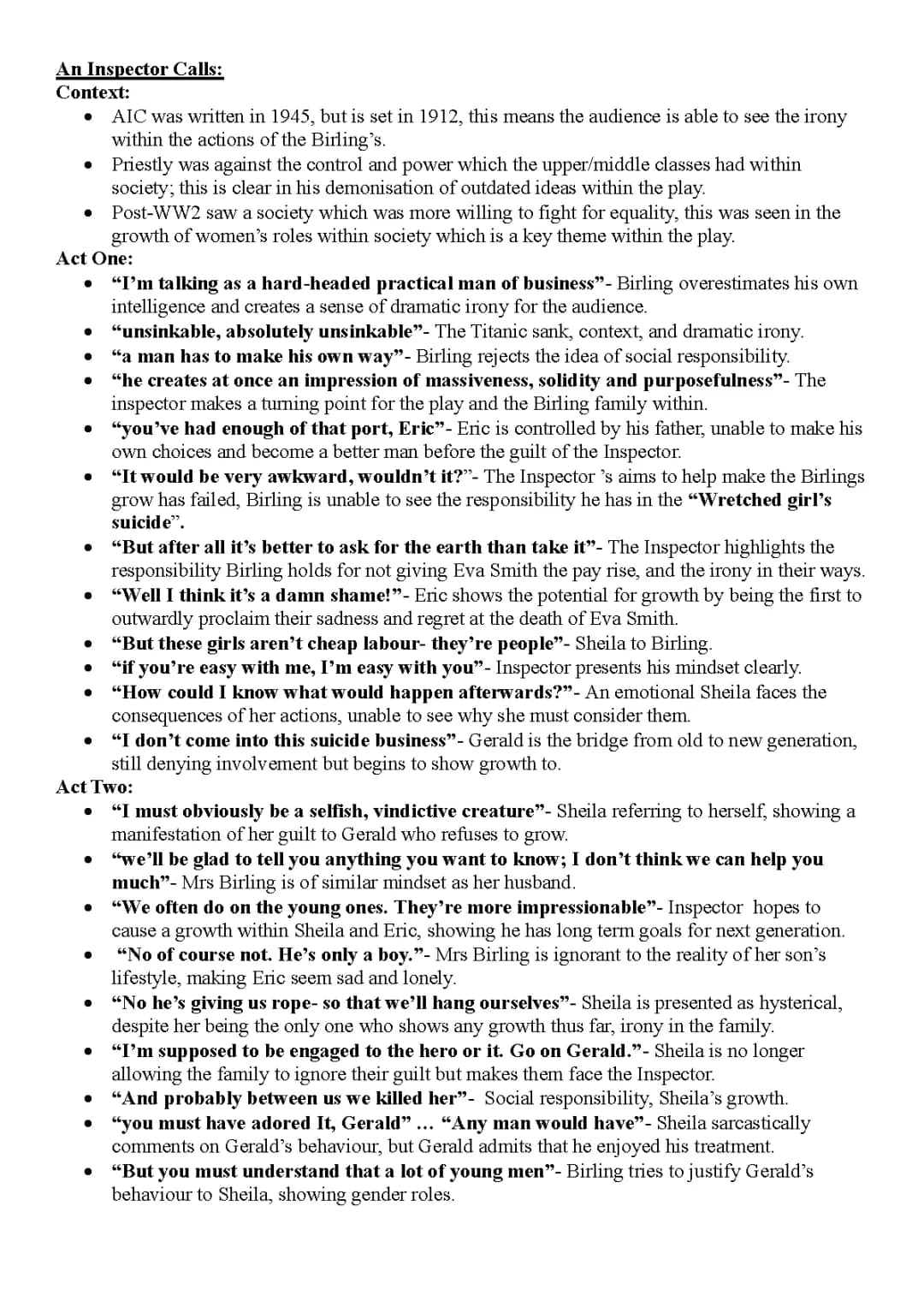 An Inspector Calls Key Quotes and Analysis - PDF, GCSE, Quizlet
