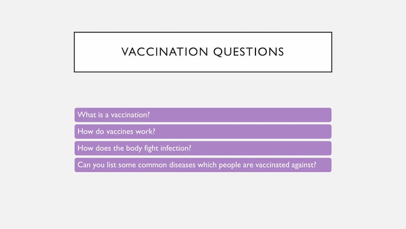 FIGHTING DISEASE - VACCINATION VACCINATION QUESTIONS
What is a vaccination?
How do vaccines work?
How does the body fight infection?
Can you