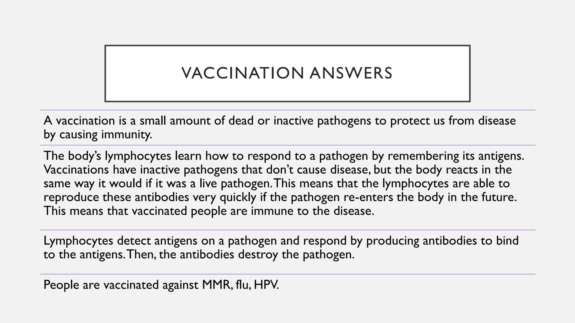 FIGHTING DISEASE - VACCINATION VACCINATION QUESTIONS
What is a vaccination?
How do vaccines work?
How does the body fight infection?
Can you