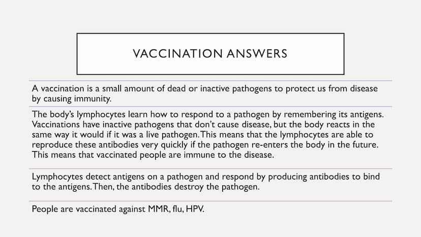 FIGHTING DISEASE - VACCINATION VACCINATION QUESTIONS
What is a vaccination?
How do vaccines work?
How does the body fight infection?
Can you