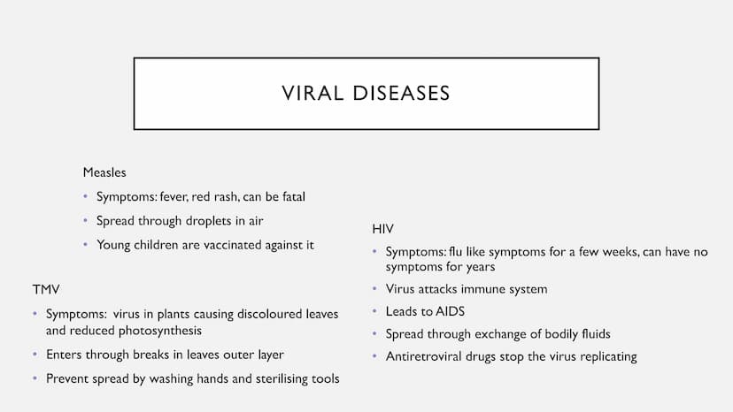 DISEASES
Types of viral, bacterial, fungal and protist diseases TMV
●
●
●
Measles
●
●
●
VIRAL DISEASES
Symptoms: fever, red rash, can be fat