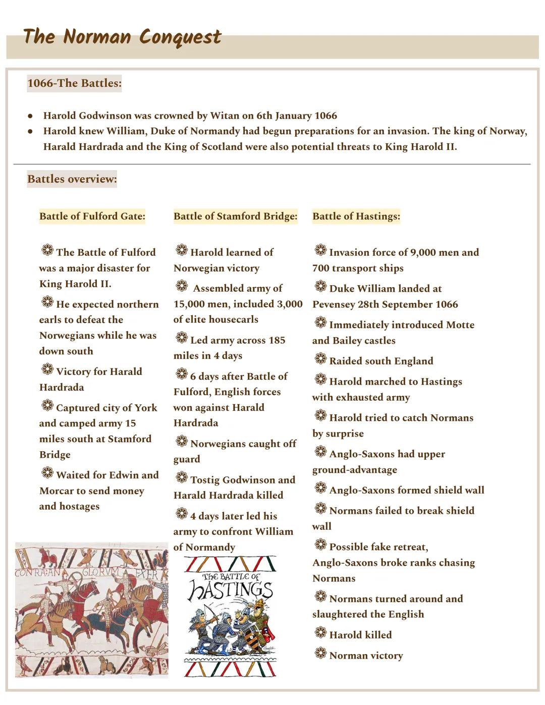 The Norman Conquest
1066-The Battles:
● Harold Godwinson was crowned by Witan on 6th January 1066
Harold knew William, Duke of Normandy had 