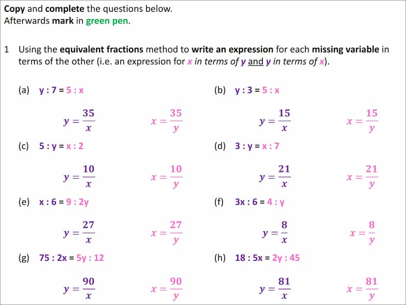 Algebraic Ratio Problems
(equivalent fractions approach) To complete ratio questions involving algebra, we can use an equivalent fractions a