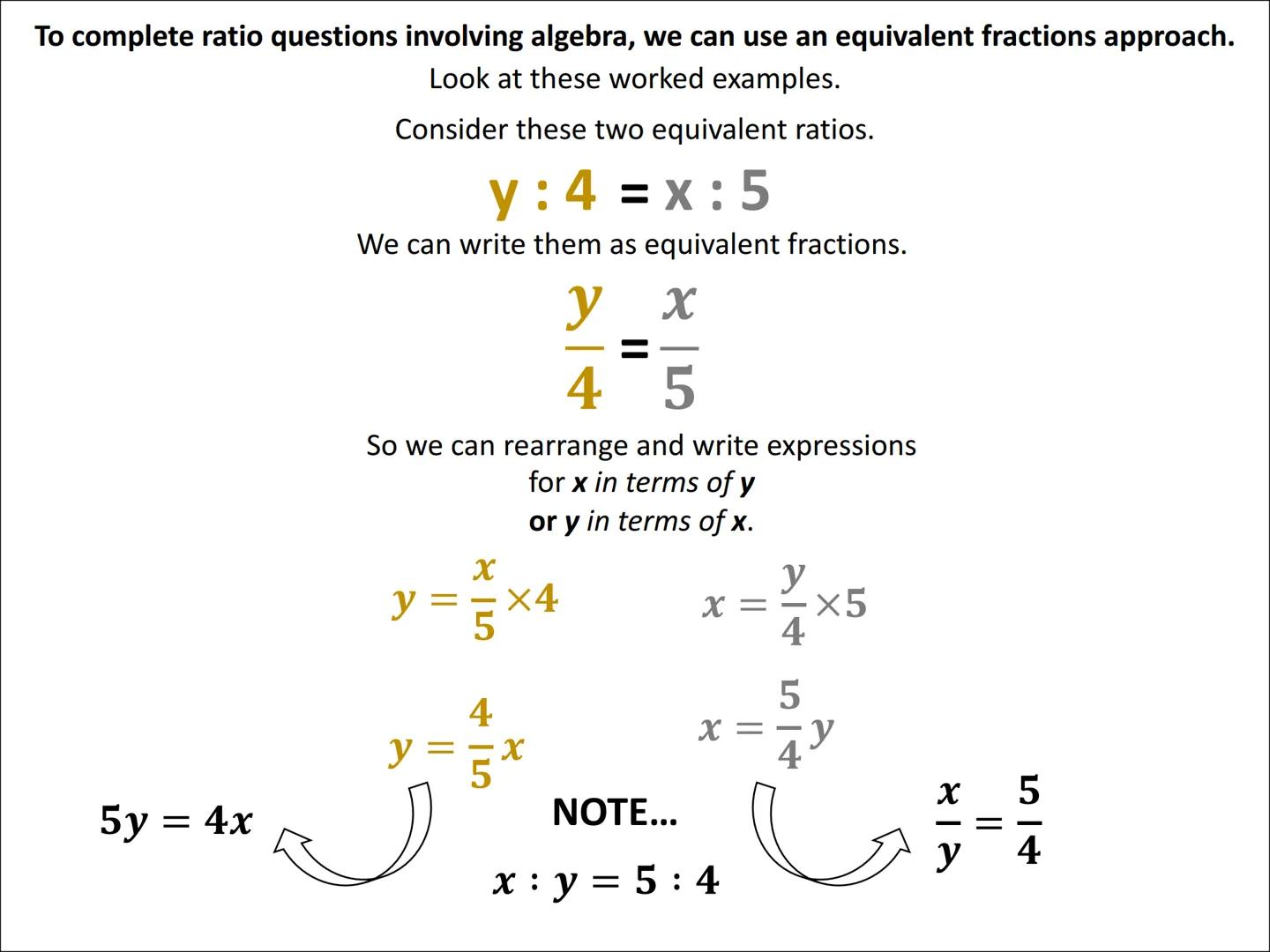 Algebraic Ratio Problems
(equivalent fractions approach) To complete ratio questions involving algebra, we can use an equivalent fractions a