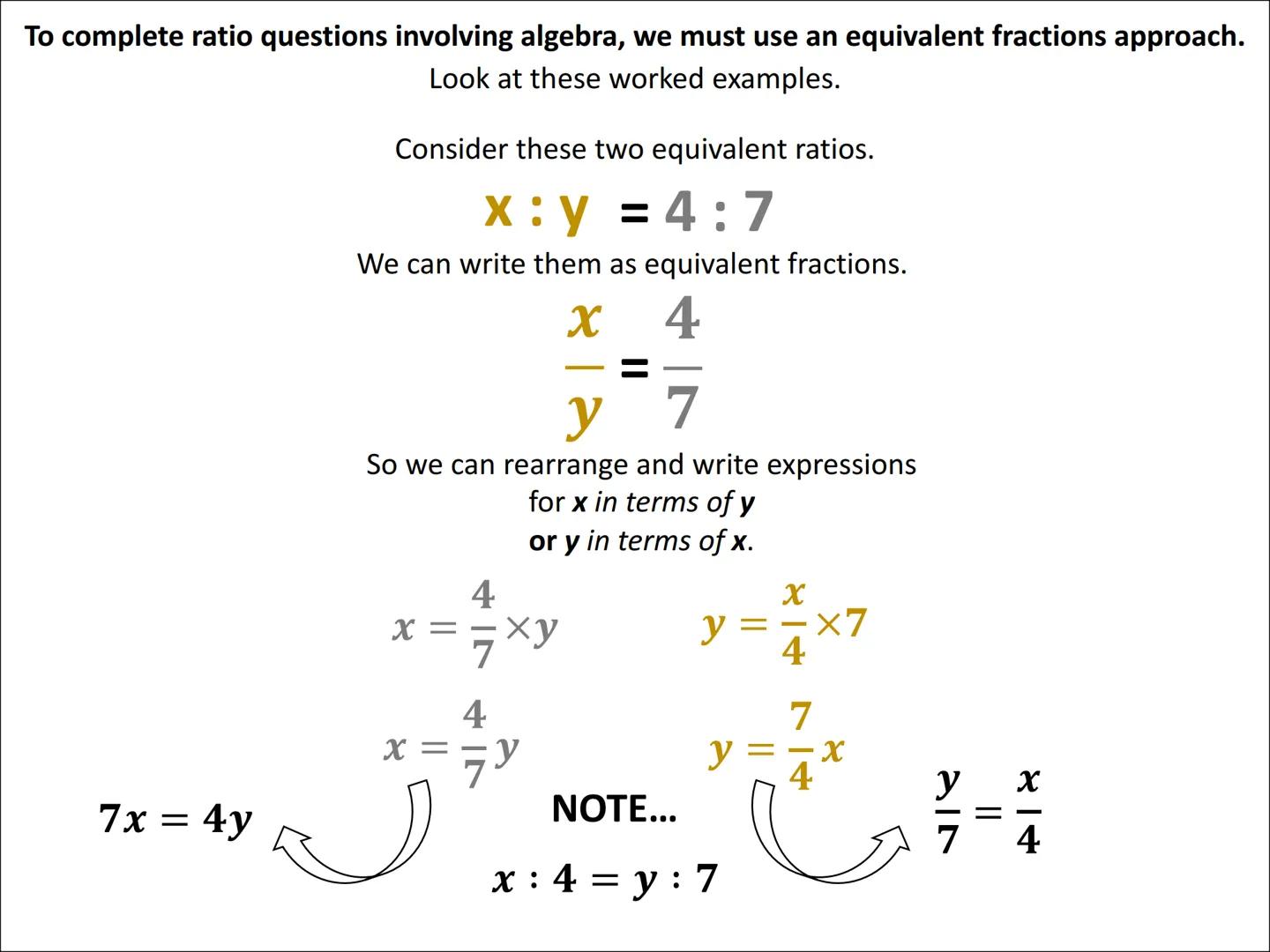 Algebraic Ratio Problems
(equivalent fractions approach) To complete ratio questions involving algebra, we can use an equivalent fractions a