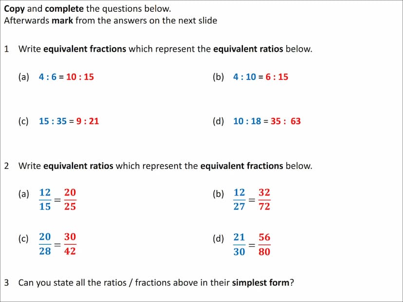 Algebraic Ratio Problems
(equivalent fractions approach) To complete ratio questions involving algebra, we can use an equivalent fractions a
