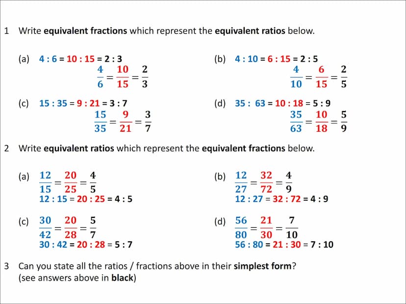 Algebraic Ratio Problems
(equivalent fractions approach) To complete ratio questions involving algebra, we can use an equivalent fractions a