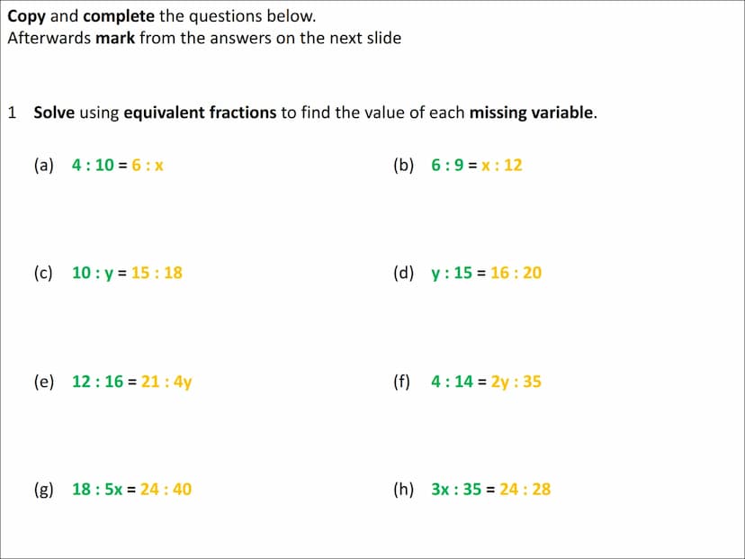 Algebraic Ratio Problems
(equivalent fractions approach) To complete ratio questions involving algebra, we can use an equivalent fractions a