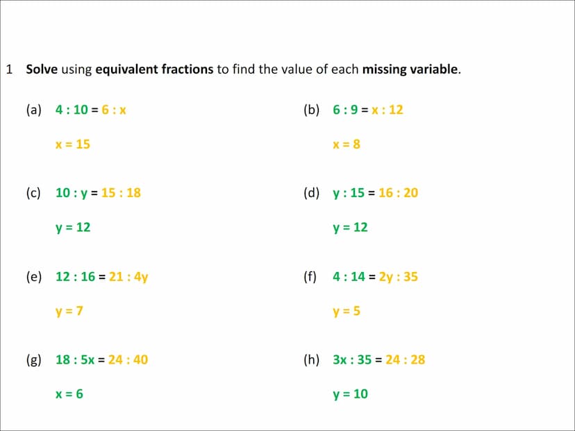 Algebraic Ratio Problems
(equivalent fractions approach) To complete ratio questions involving algebra, we can use an equivalent fractions a