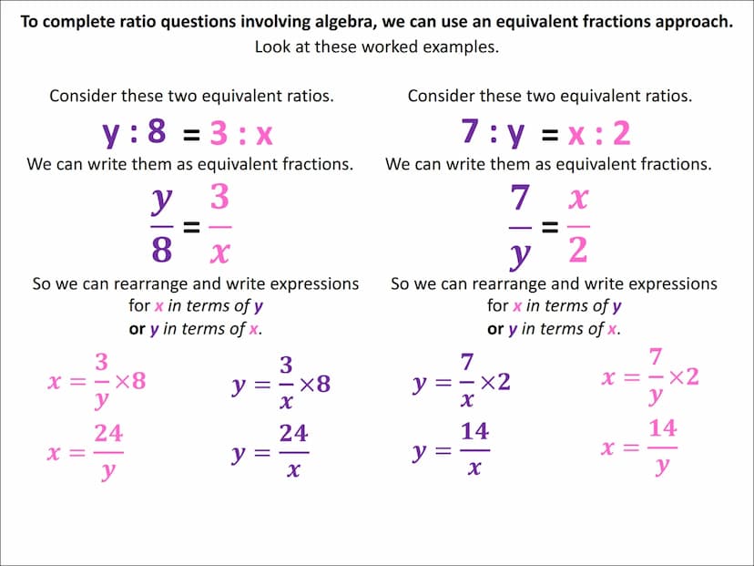 Algebraic Ratio Problems
(equivalent fractions approach) To complete ratio questions involving algebra, we can use an equivalent fractions a