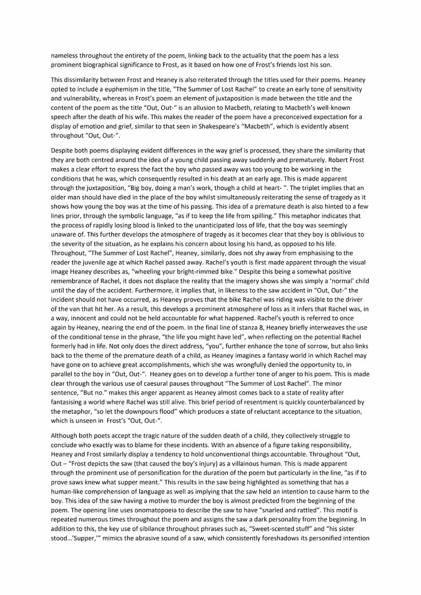 "Out, Out-"and "The Summer of Lost Rachel" comparative essay:
The poem "Out, Out-" by Robert Frost and "The Summer of Lost Rachel" by Seamus
