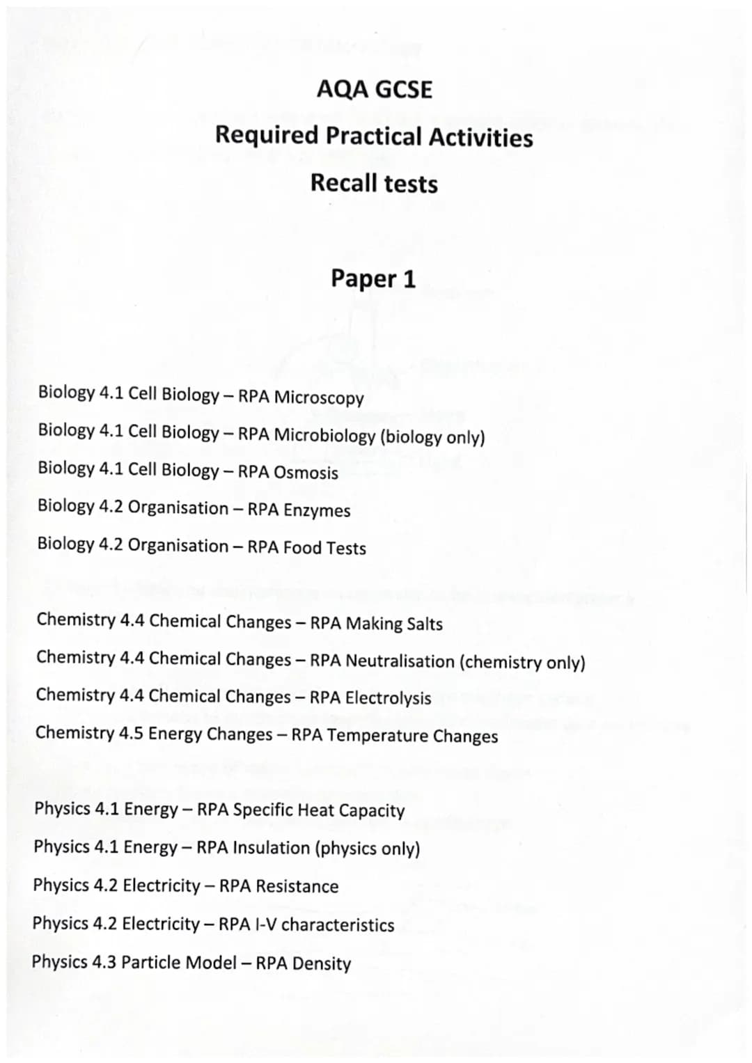 AQA GCSE
Required Practical Activities
Recall tests
Paper 1
Biology 4.1 Cell Biology - RPA Microscopy
Biology 4.1 Cell Biology - RPA Microbi