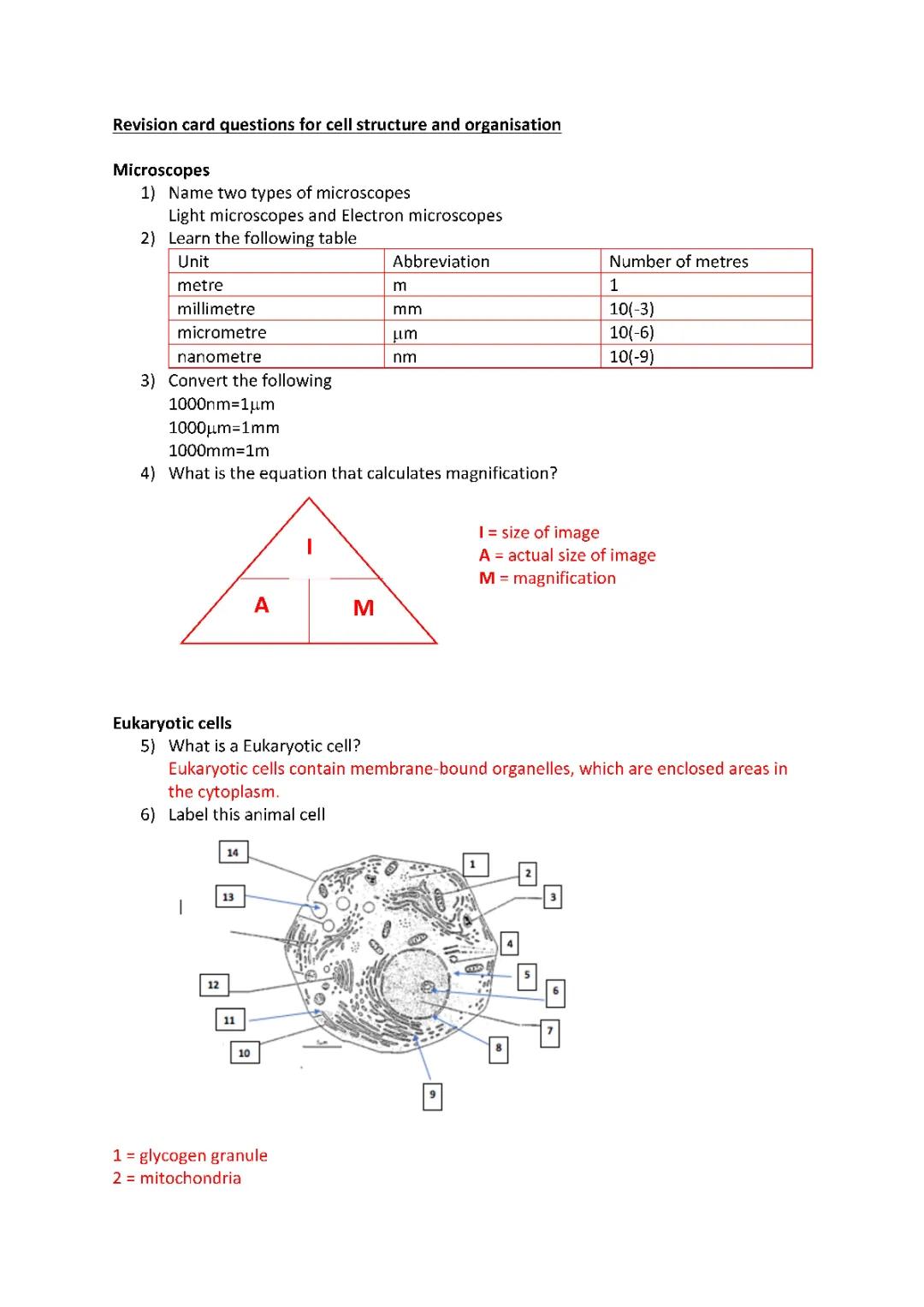Cell Structure and Organisation Revision Questions
