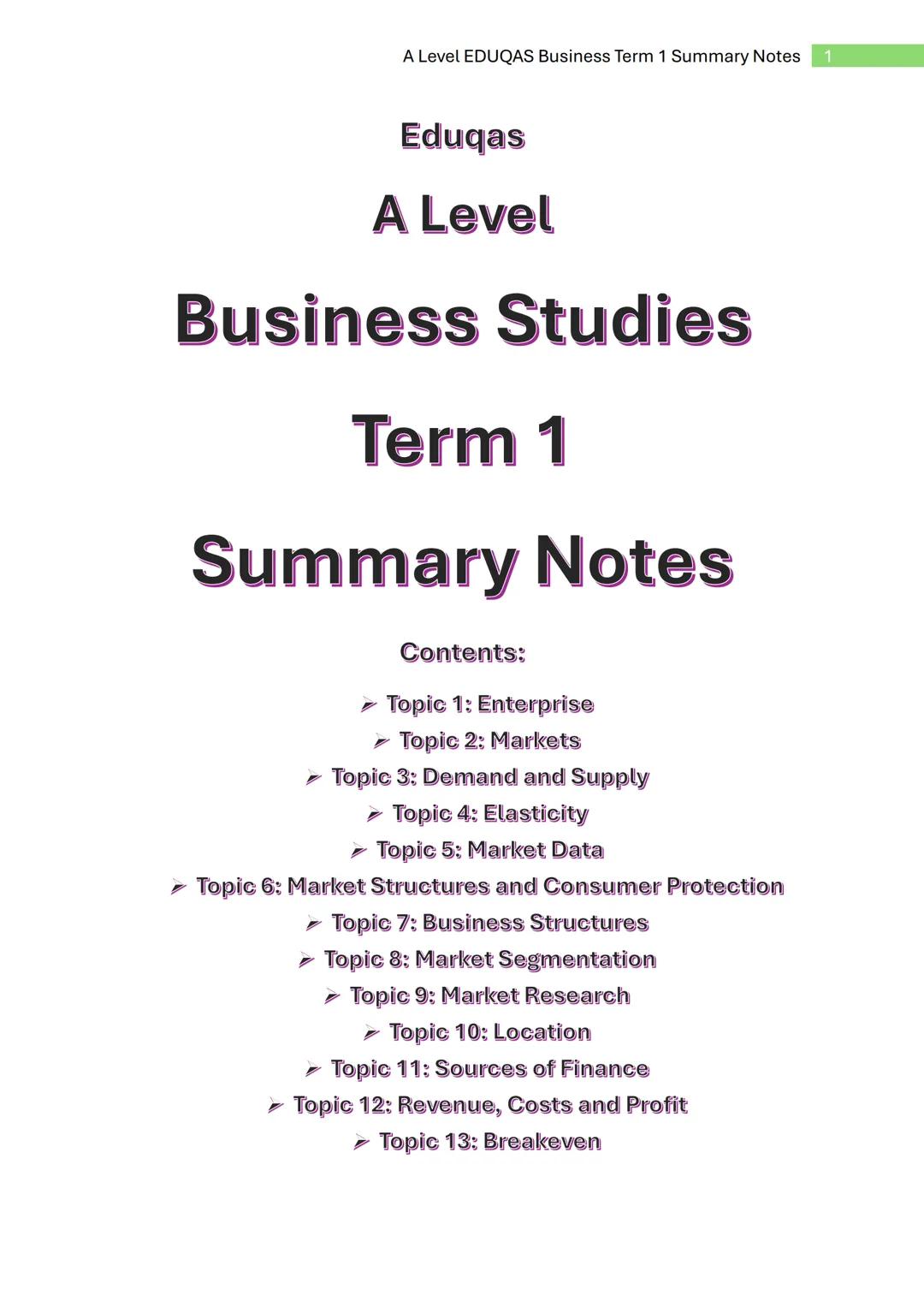 A Level EDUQAS Business Term 1 Summary Notes 1
Eduqas
A Level
Business Studies
Term 1
Summary Notes
Contents:
- Topic 1: Enterprise
- Topic 