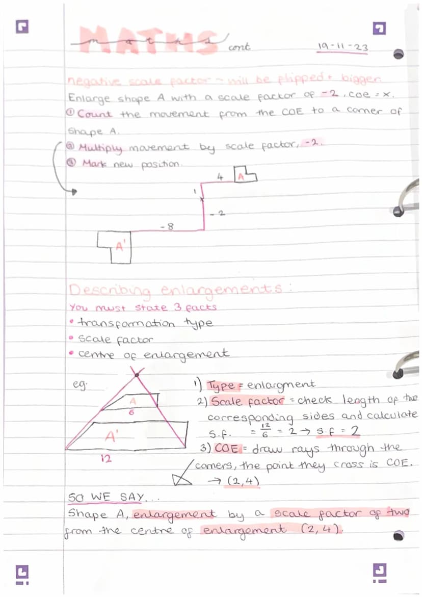 r
matha
Enlargements
scale factor (how many times bigger it gets).
• centre of enlargement
Positive scale factor:
shape gets bigger.
enlarge