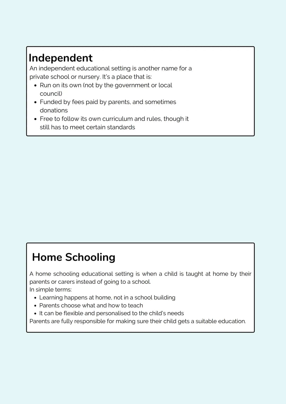 # Revision
# Notes

_Education & Early Years_ TYPES OF SETTINGS

Statutory/Maintained
A maintained educational setting is a school or nurser
