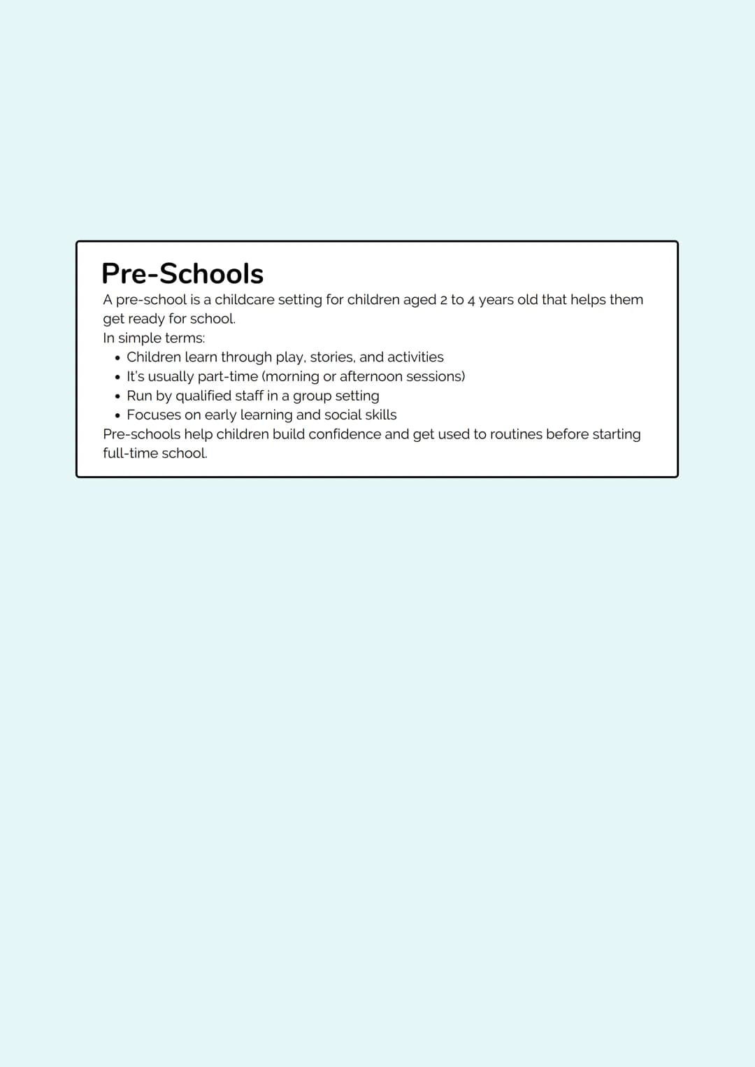 # Revision
# Notes

_Education & Early Years_ TYPES OF SETTINGS

Statutory/Maintained
A maintained educational setting is a school or nurser