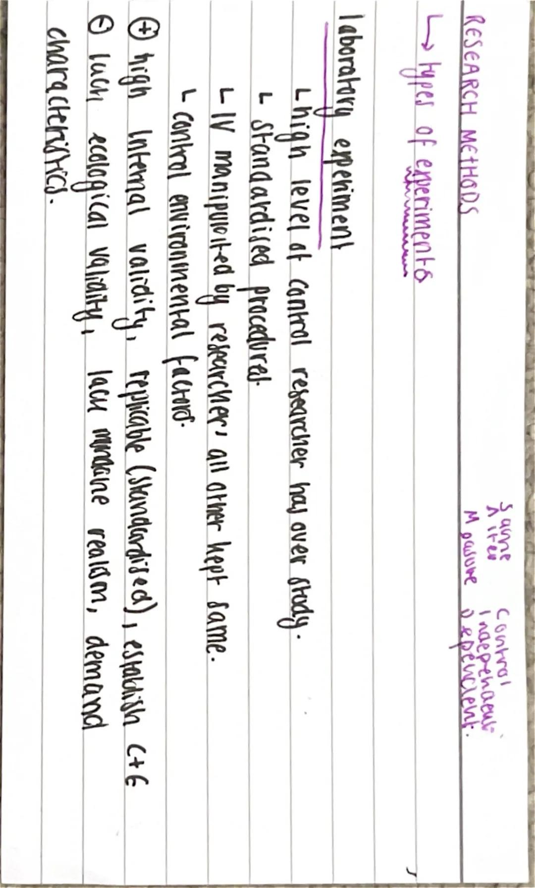 RESEARCH METHODS
types of experiments
laboratory experiment
L high level of control researcher has over study.
- Standardised procedures
- I