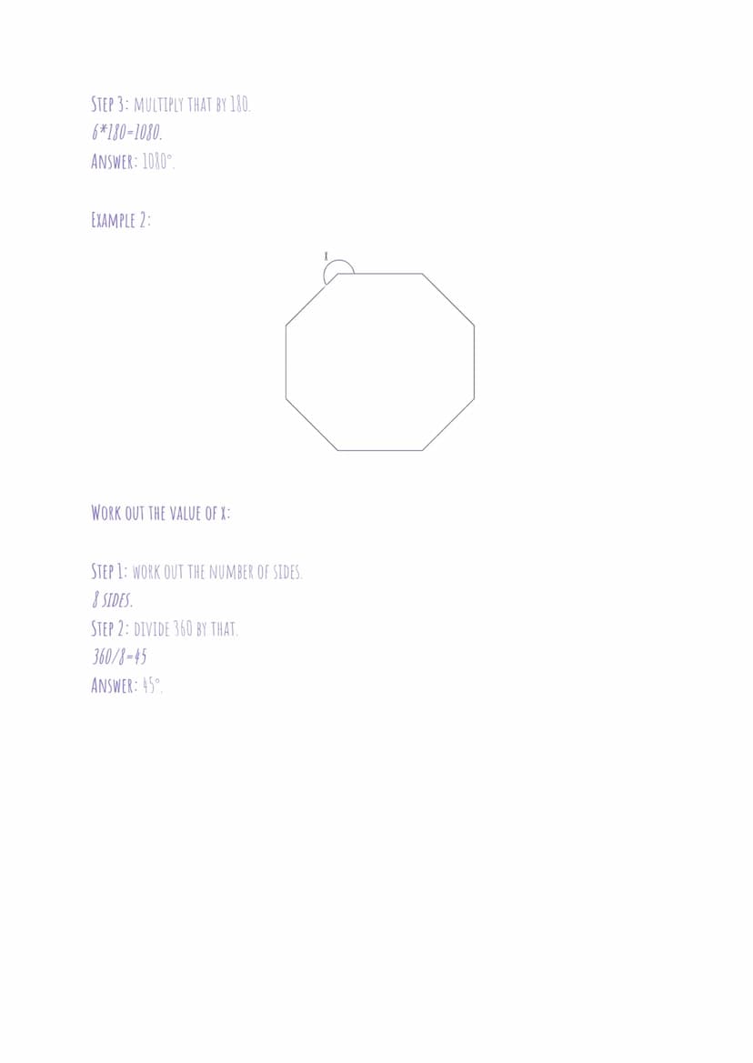 SUM OF ANGLES IN POLYGONS
INTERIOR ANGLES:
THE RULE IS (N-2)*180.
WHERE N IS THE NUMBER OF SIDES.
EXTERIOR ANGLES:
THE RULE IS 360/N.
WHERE 