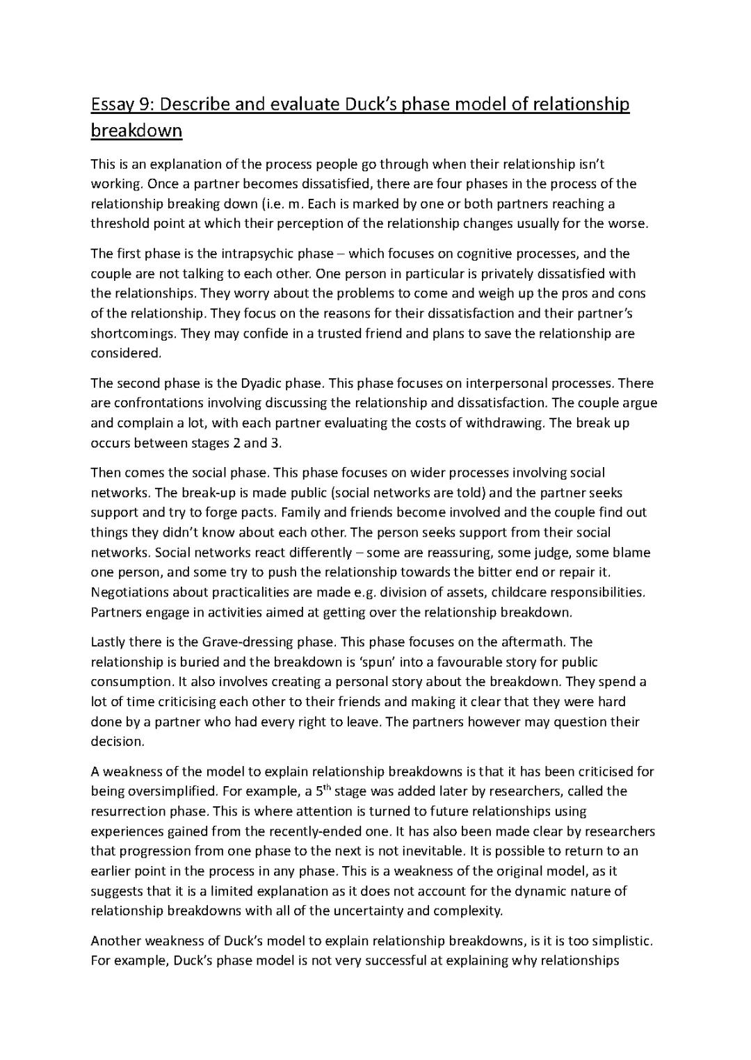 AQA Psychology A-level, Relationships, Essay 9: Describe and evaluate Duck's phase model of relationship breakdown.