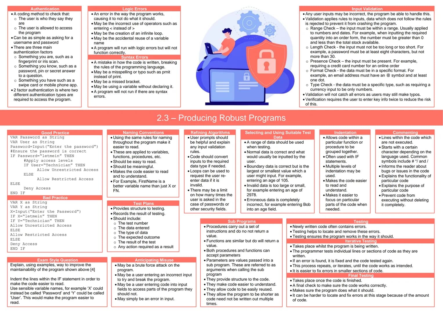Authentication
A coding method to check that:
o The user is who they say they
are
o The user is allowed to access
the program
. Can be as si