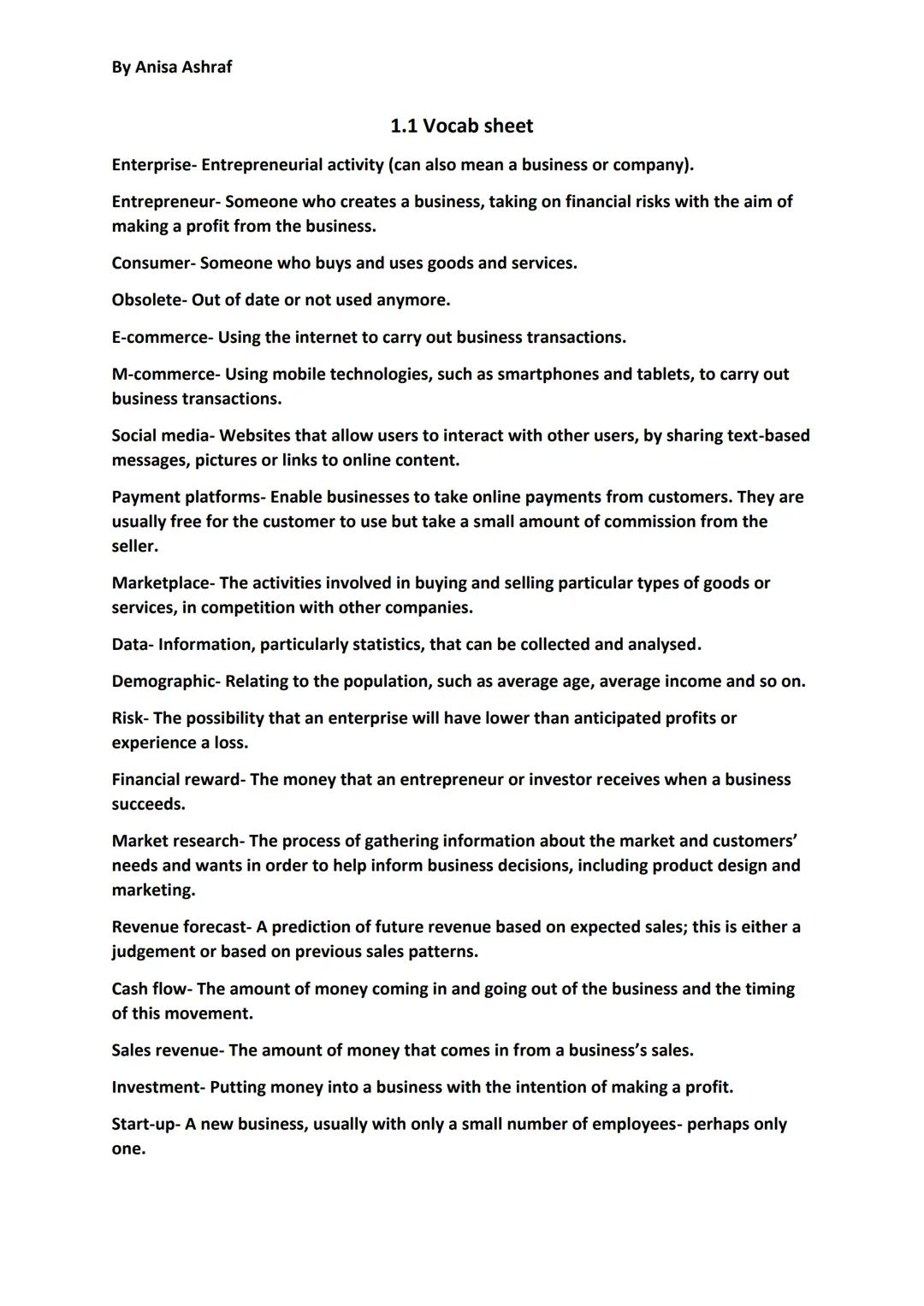 1.1 Edexcel GCSE Business vocab sheet