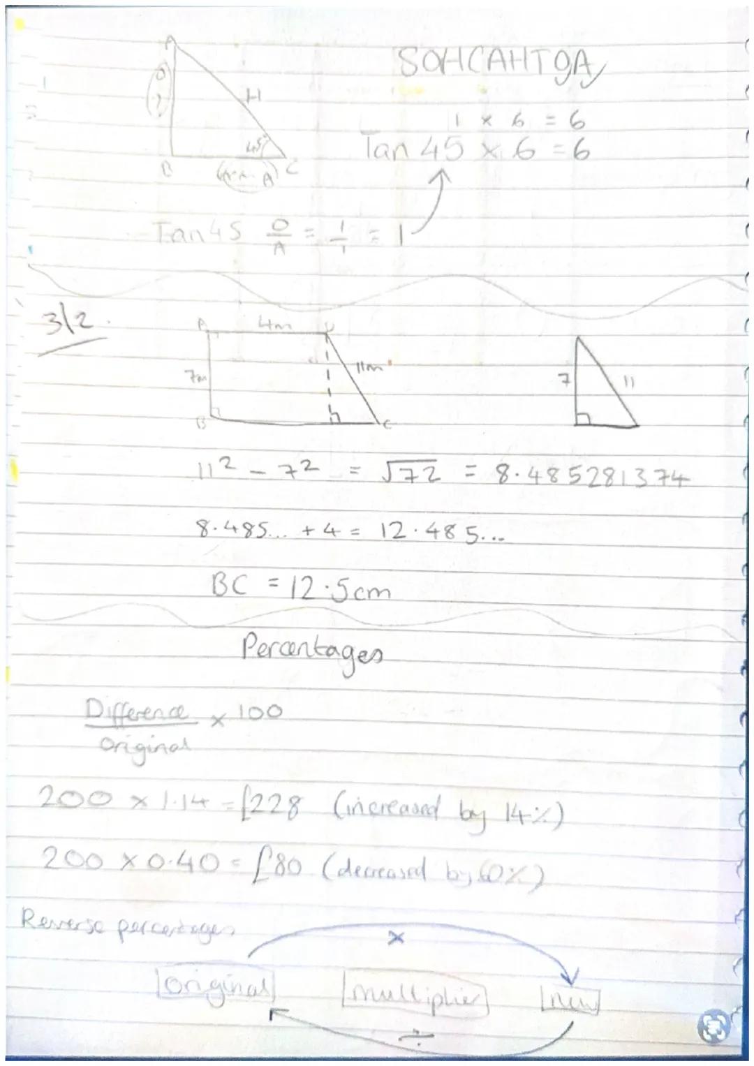 Pythagorus
+ trigonometry
-only to find missing sides on
-Trig can find angles and sides.
7cm
“་་
↑
trig
Pythagoras
182
102
=√224
Hm
7m
W
Wm