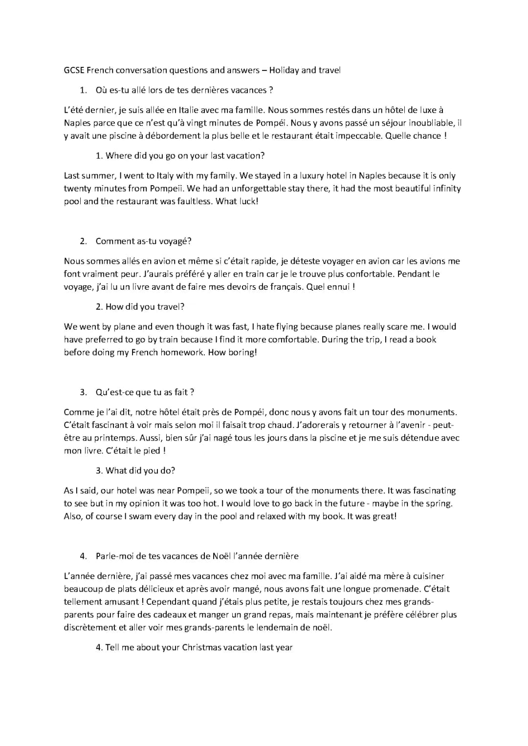French GCSE - Holidays - Conversation Questions and Answers