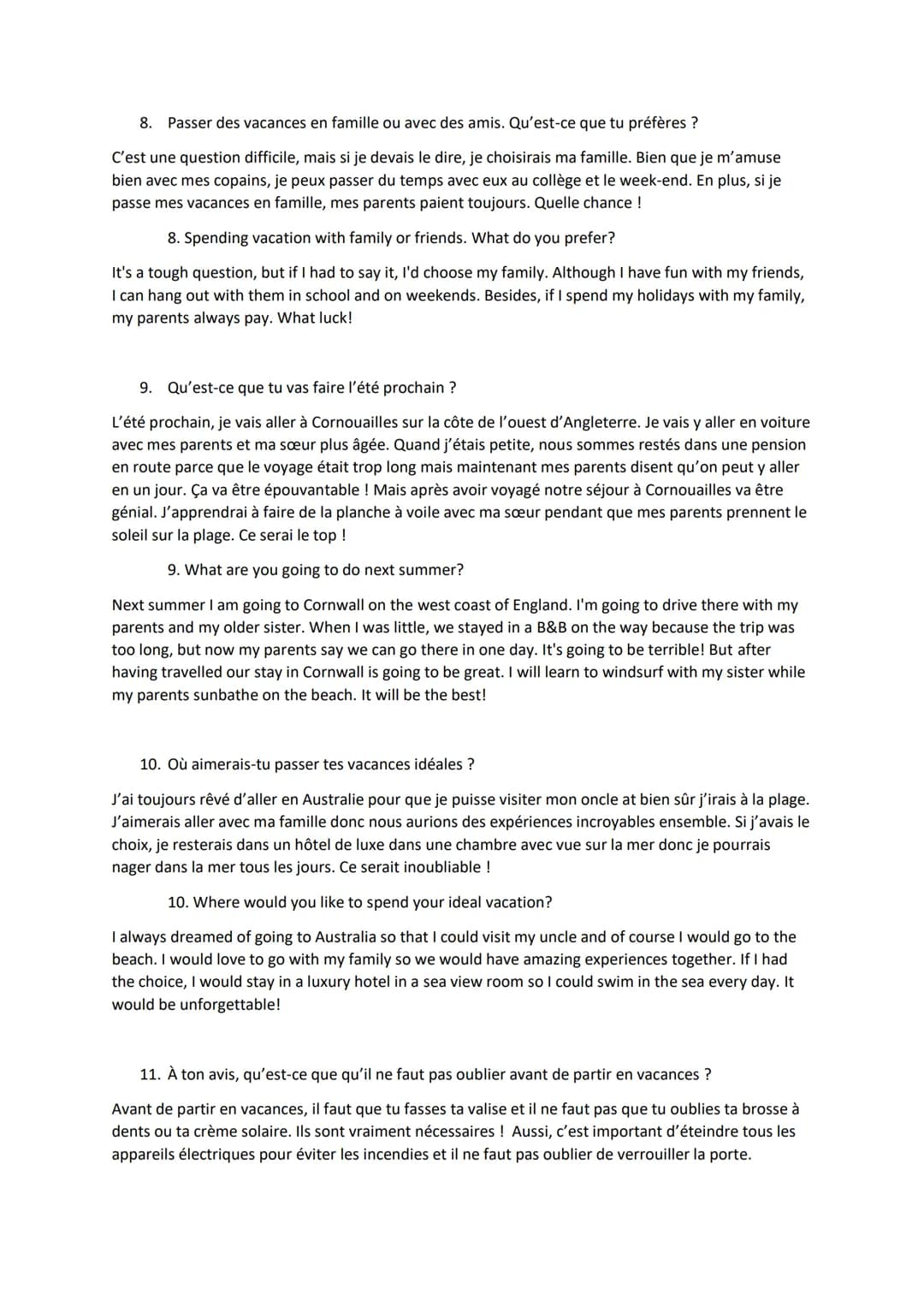 GCSE French conversation questions and answers - Holiday and travel
1. Où es-tu allé lors de tes dernières vacances ?
L'été dernier, je suis