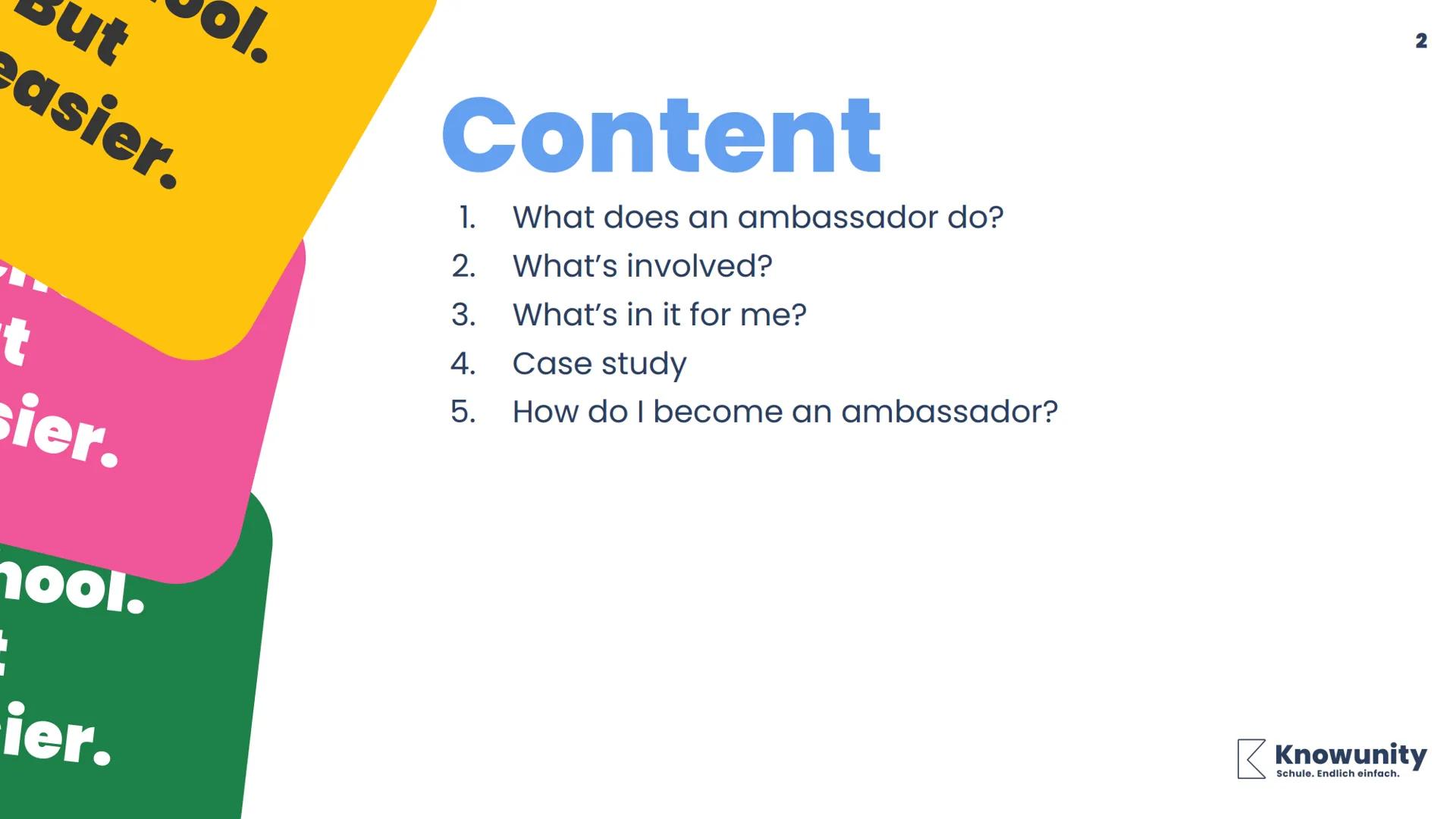 ol.
But
easier.

t
sier.
Knowunity
Ambassador
Program
ier.

1

Knowunity
Schule. Endlich einfach. But
easier.
ol.
# Content
1. What does an 