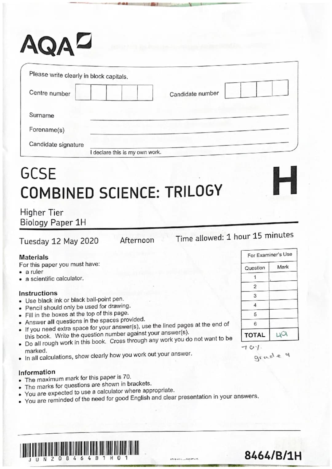 AQA
Please write clearly in block capitals.
Centre number
Surname
Forename(s)
Candidate signature
I declare this is my own work.
GCSE
COMBIN