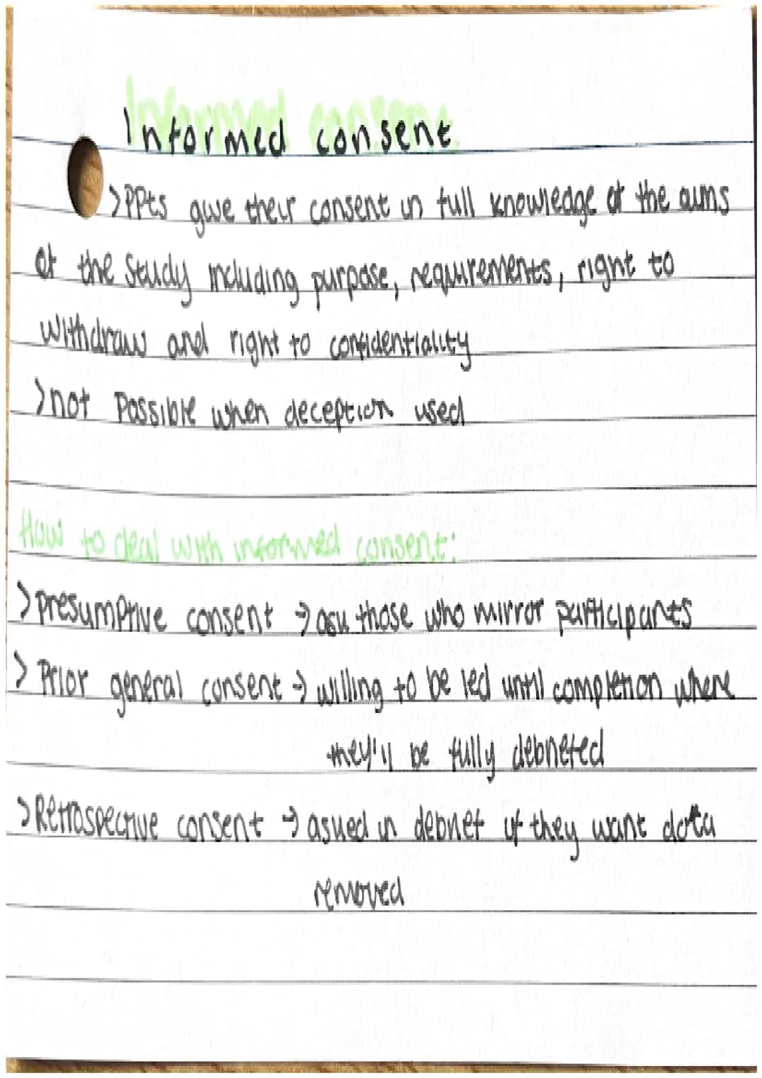 Informed consent
>PPts
guve
their consent in full knowledge of the owns
of the study mcluding purpose, requirements, right to
Withdraw and r