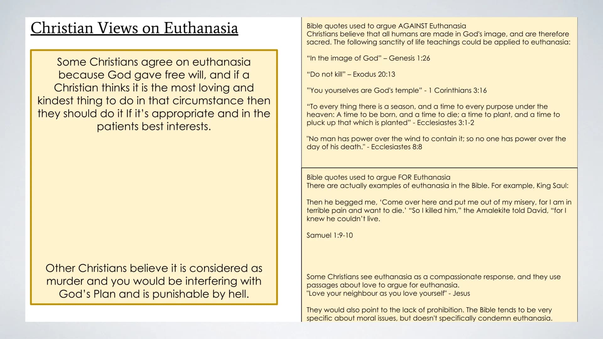 Euthanasia
Theme B, RS AQA What is Euthanasia?
Euthanasia is the deliberate ending of life because of suffering, this could be due to an ill