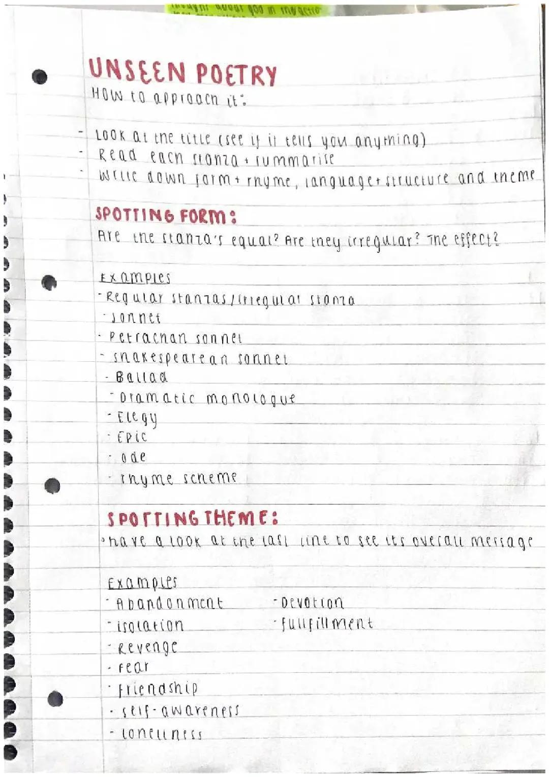 Unseen Poetry Help sheet