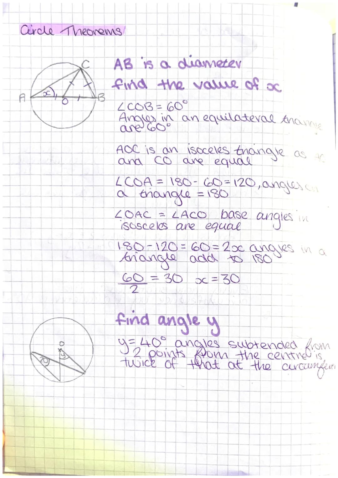 Circle Theorems/
A
For
AB is a diameter
find the value of oc
4COB = 60°
Angles in an equilateral thonie
are 60°
AOC is an isoceles thangle a