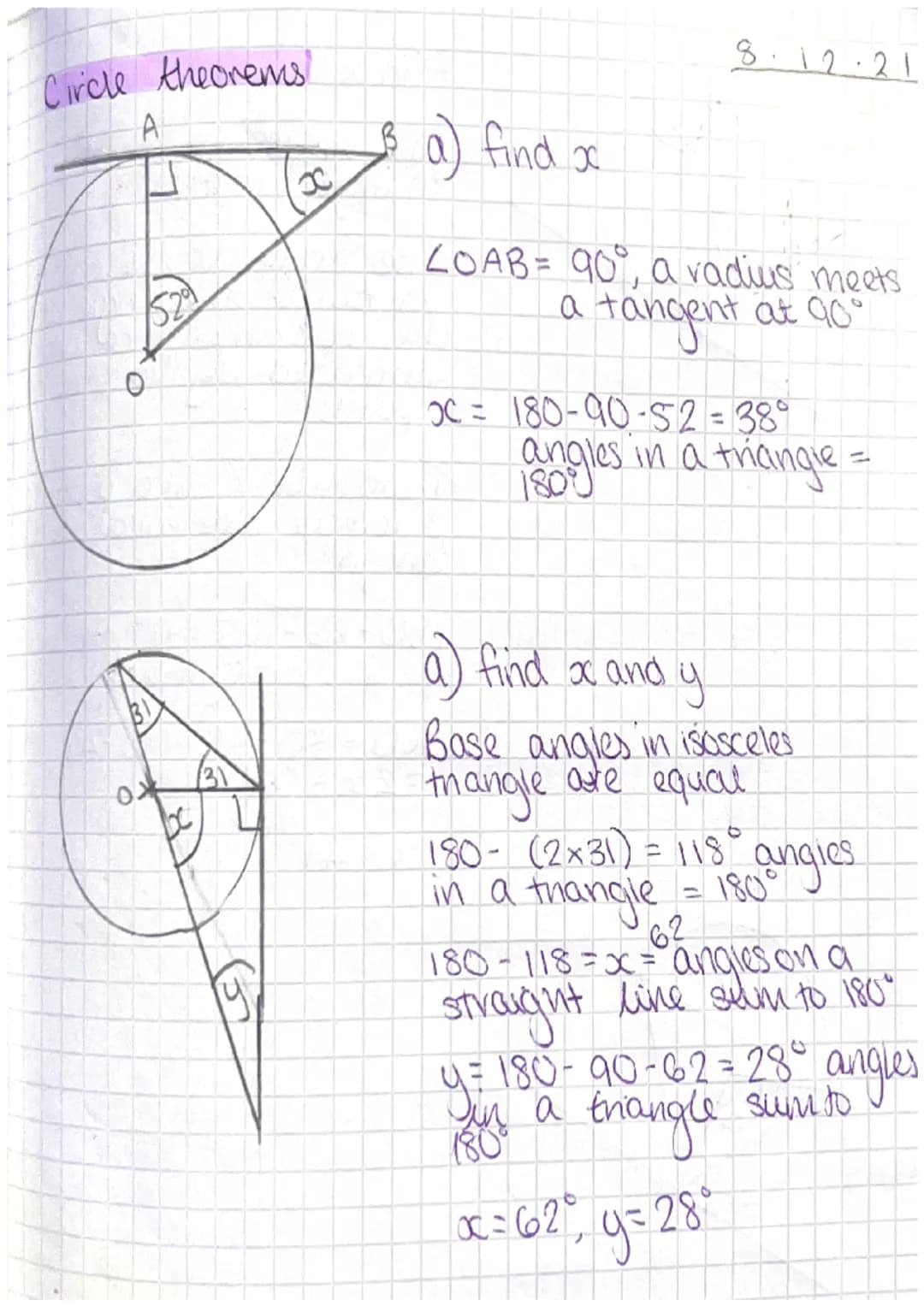 Circle Theorems/
A
For
AB is a diameter
find the value of oc
4COB = 60°
Angles in an equilateral thonie
are 60°
AOC is an isoceles thangle a